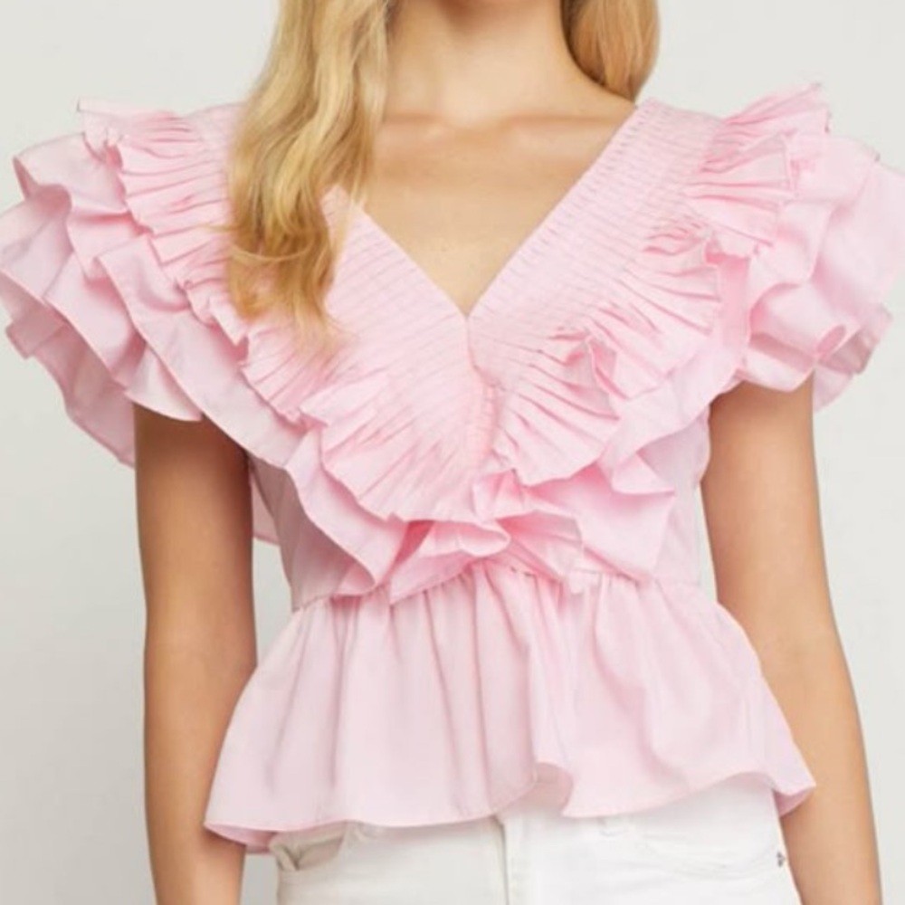 entro Pink Ruffle V-Neck Peplum Blouse